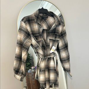 Black and Cream Plaid Belted Jacket